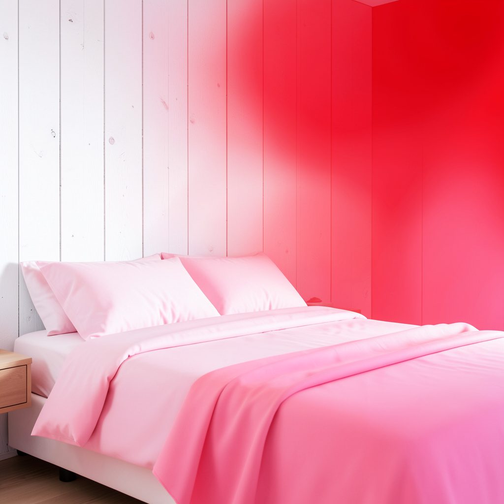 Bright bedroom with a white wood wall, soft pink blanket and calm daylight mood