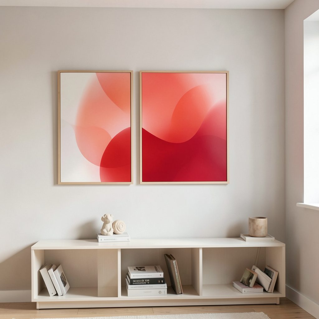 Room styled with wall art, a desk organiser and a coordinated colour palette