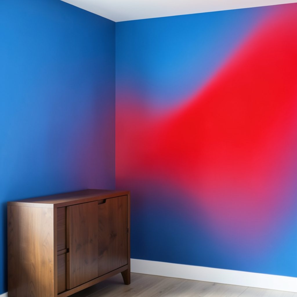 Room with deep blue wall paint and a low brown wooden sideboard